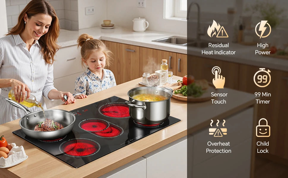 Piano Cottura Elettrico KICHPOWER 77cm 5 Zone in Vetroceramica 8500W con Controllo Touch e Blocco Sicurezza