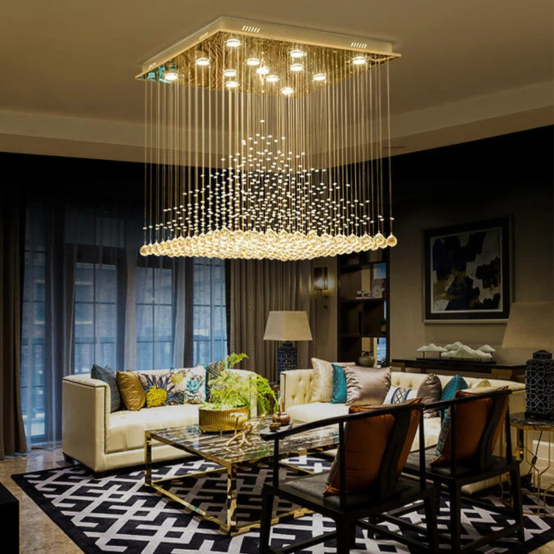 Lampadario Quadrato in Cristallo K9 con Sfere Pendenti LED e Effetto Cascata di Gocce