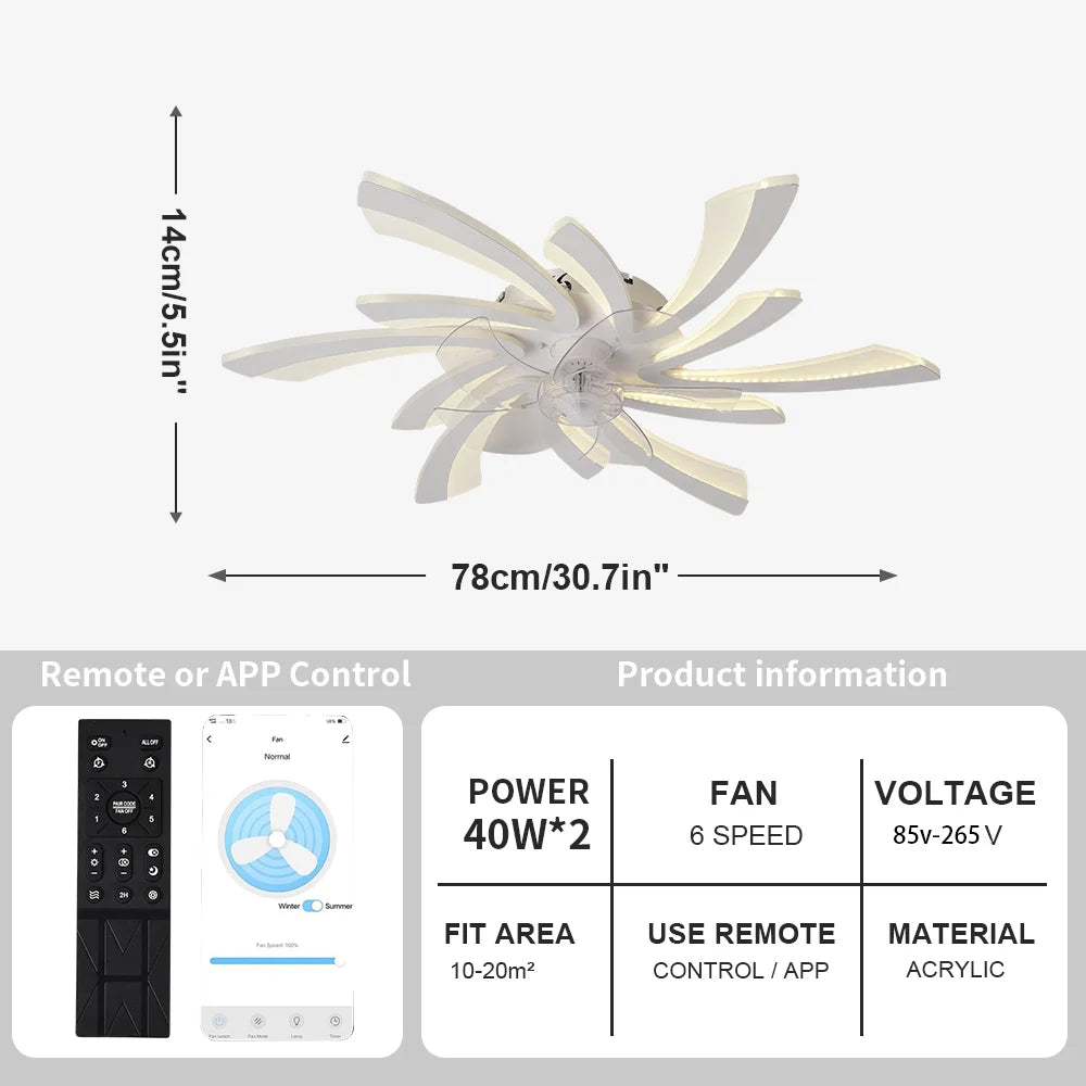 Ventilatore da Soffitto Dimmerabile con Luce LED e Telecomando - Controllo APP, Design Moderno, Silenzioso