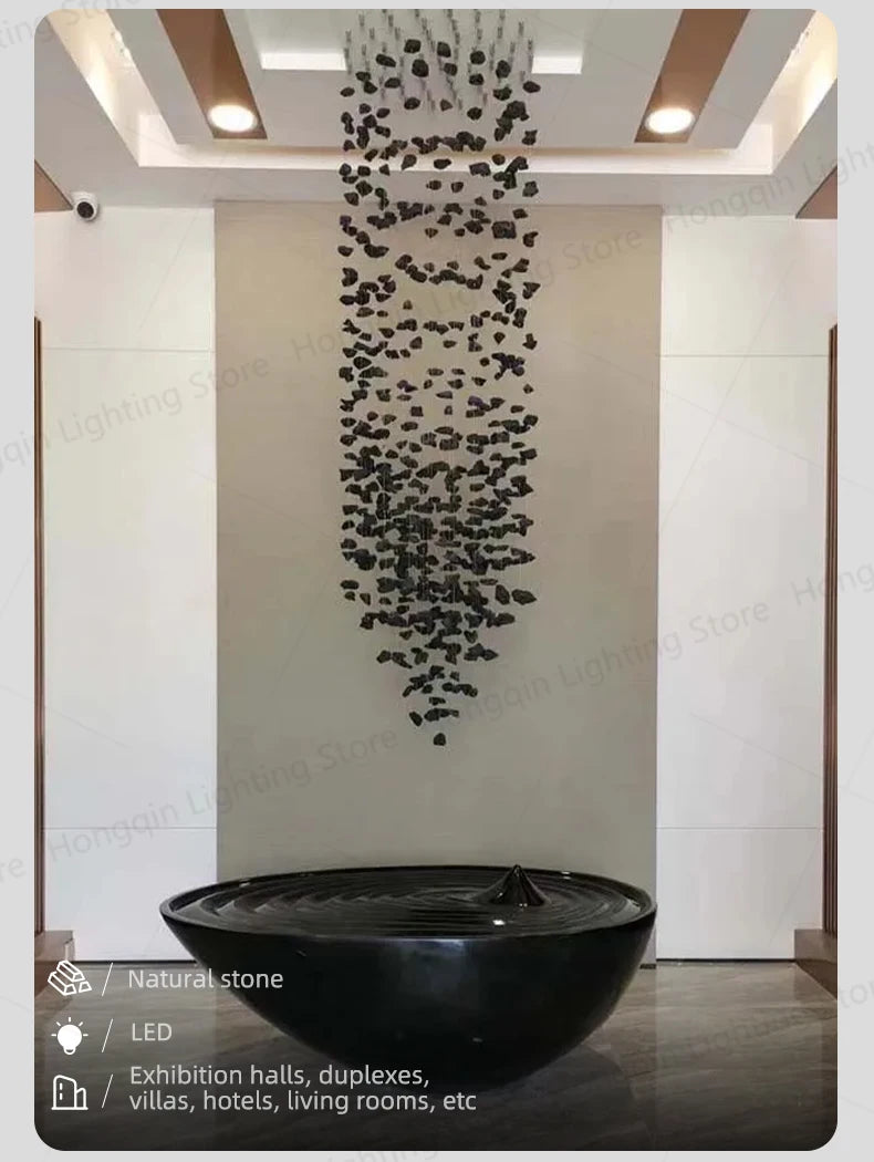 Lampadario Artistico Irregolare con Pietre e Cristalli LED per Hotel, Lobby e Scale - Design Black Art