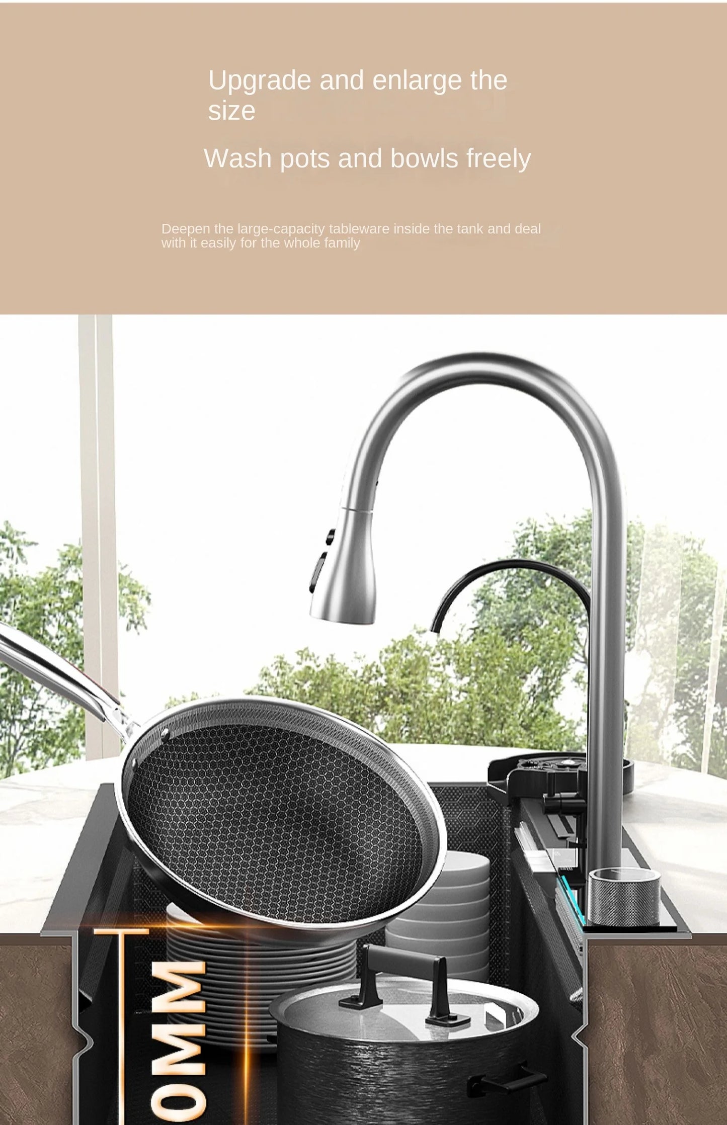 Lavello Cucina Acciaio Inox 304 Nano Black con Rubinetto Digitale a Cascata