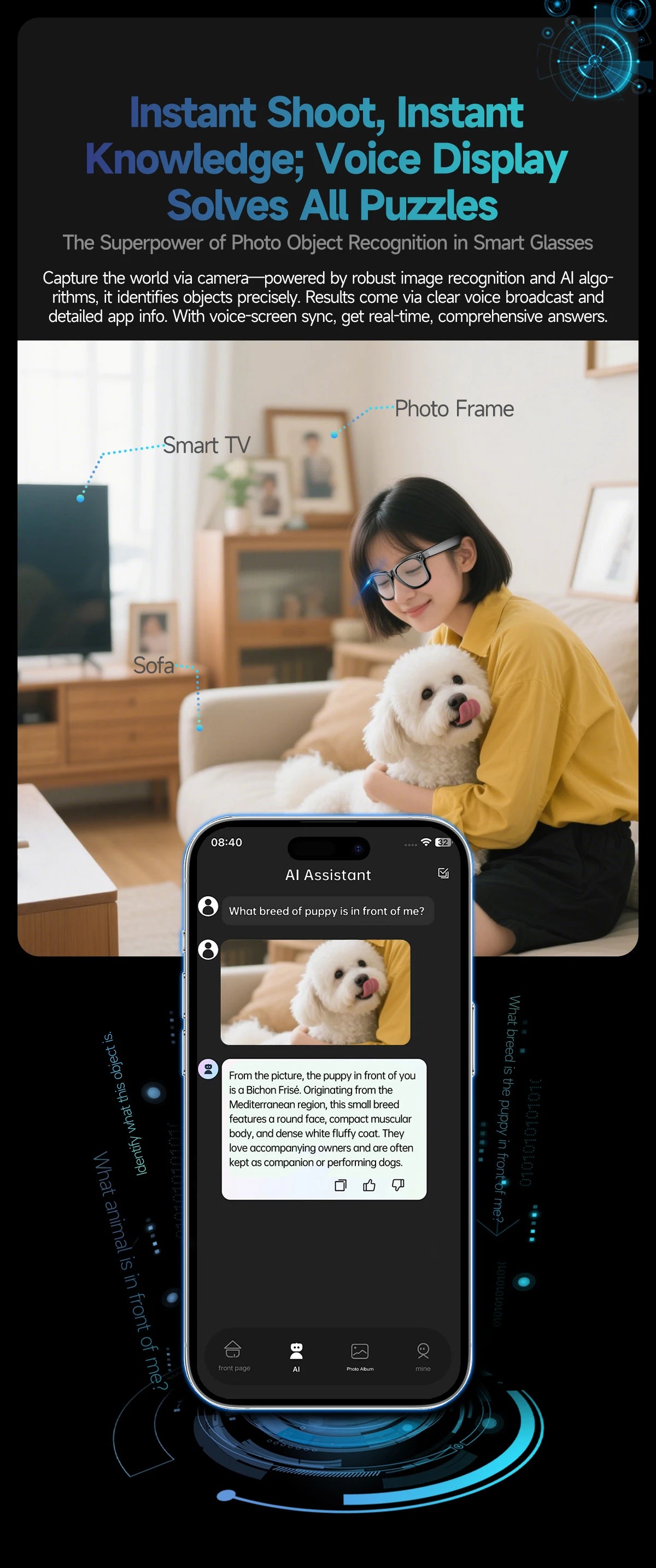 Occhiali Smart AI con Fotocamera 8MP - Traduzione 100+ Lingue, Bluetooth, Registrazione Video