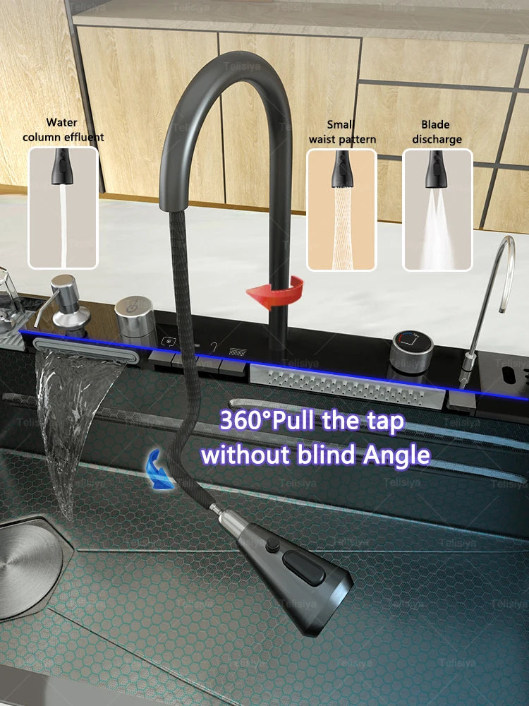 Lavello Cucina Acciaio Inox con Cascata e Display Digitale - Vasca Singola Extra Large Multifunzione