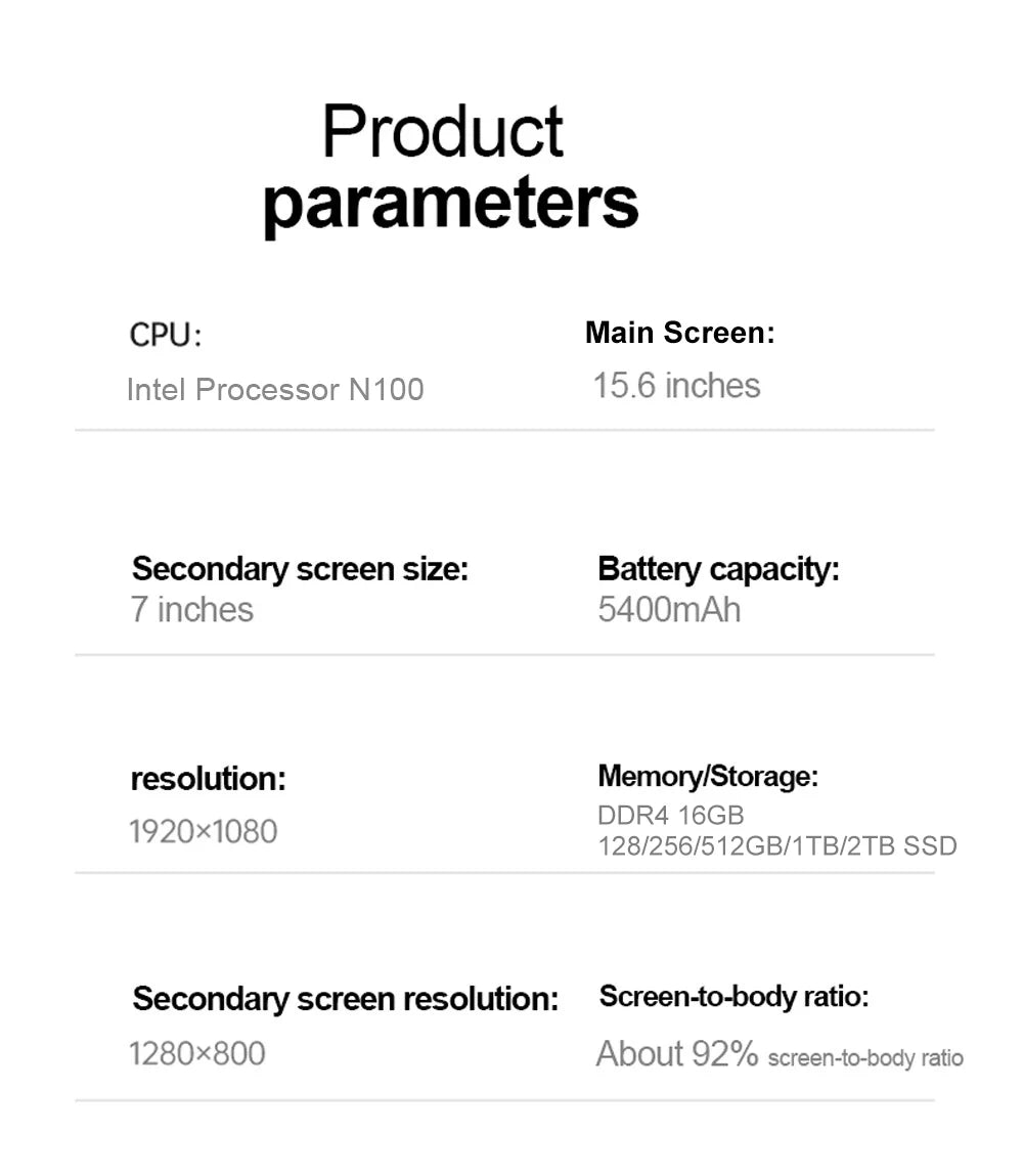 Laptop Dual Screen 15.6" + 7" Touch | Intel N100 | 32GB RAM | 1TB SSD | Tastiera Retroilluminata | Windows 11