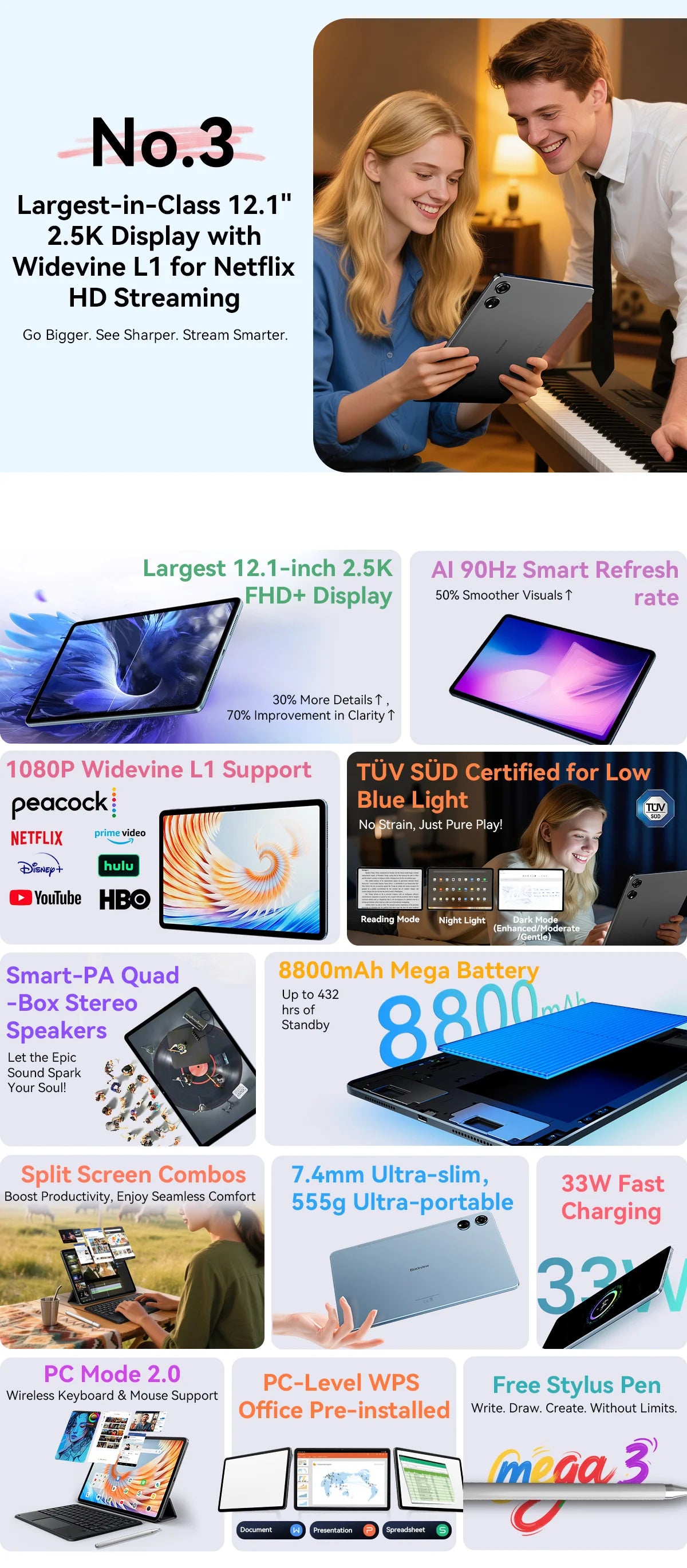 Blackview MEGA 3 Tablet 12.1" - Display 2.5K 90Hz, 12GB RAM, 256GB ROM, Android 15