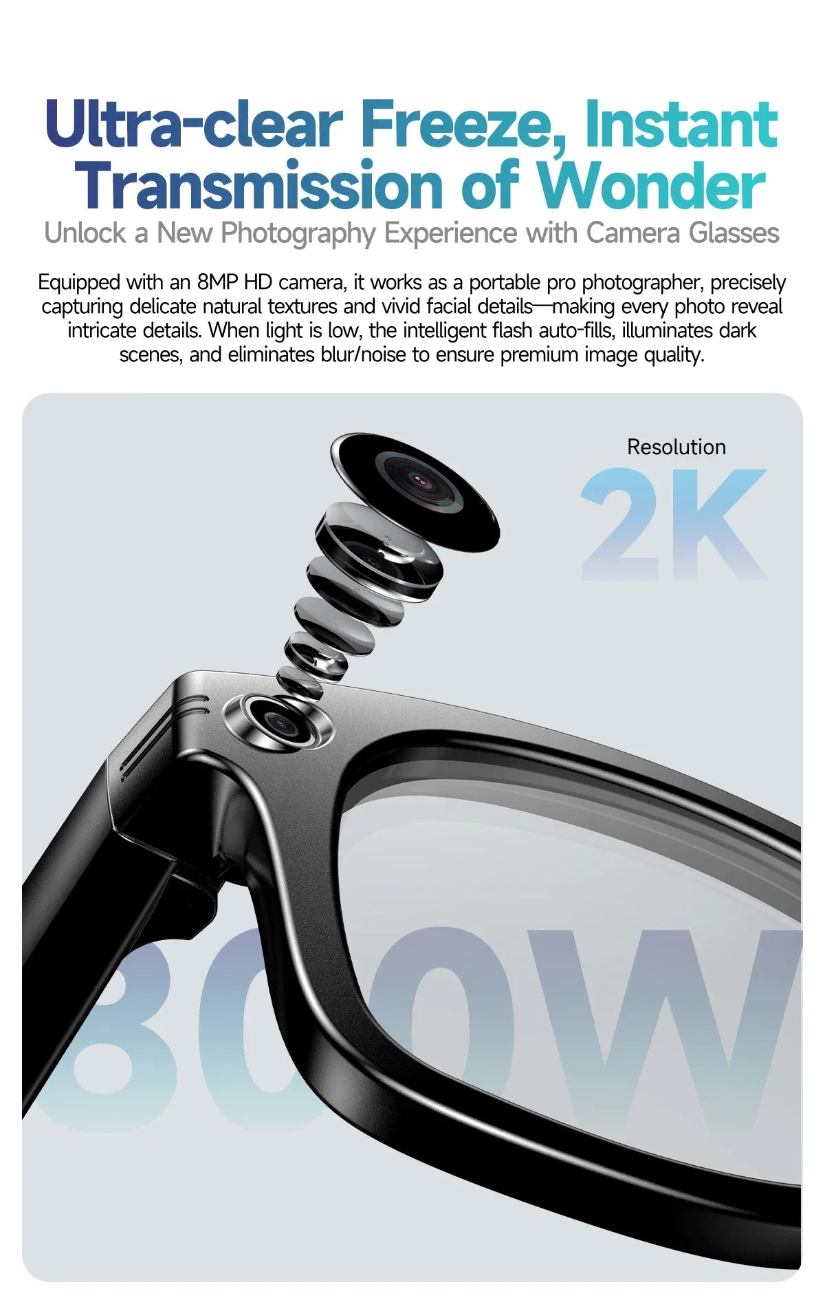 Occhiali Smart AI con Fotocamera 8MP - Traduzione 100+ Lingue, Bluetooth, Registrazione Video