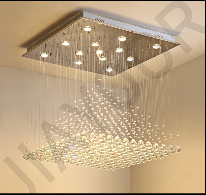 Lampadario Quadrato in Cristallo K9 con Sfere Pendenti LED e Effetto Cascata di Gocce