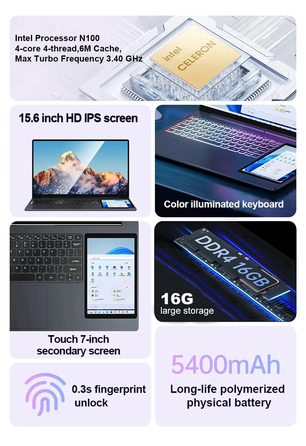 Laptop Dual Screen 15.6" + 7" Touch | Intel N100 | 32GB RAM | 1TB SSD | Tastiera Retroilluminata | Windows 11