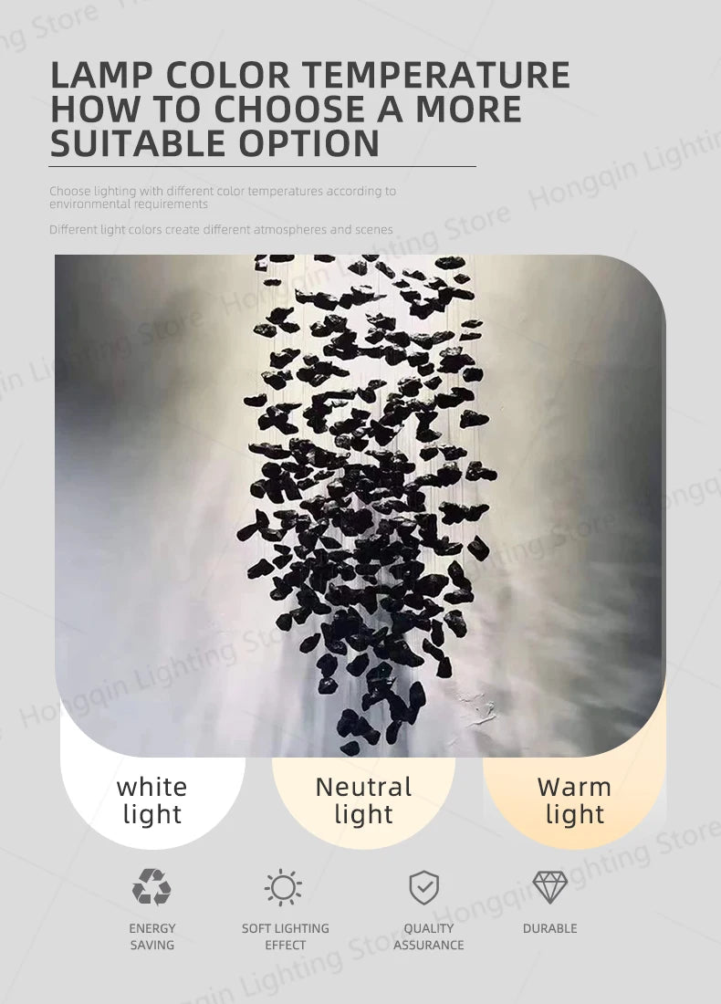 Lampadario Artistico Irregolare con Pietre e Cristalli LED per Hotel, Lobby e Scale - Design Black Art