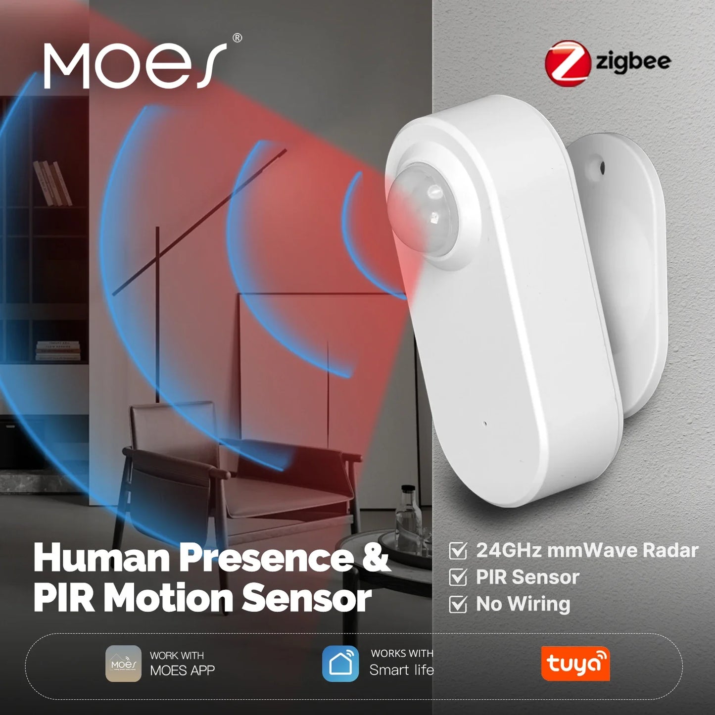 Sensore di Presenza MOES Zigbee 3.0 Radar mmWave 24GHz con PIR - Rilevamento Movimento e Presenza Statica Tuya