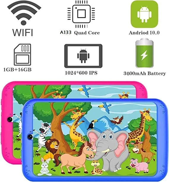 Tablet per Bambini Android 10.0 E98 7" - 1GB RAM 16GB ROM con Custodia Silicone e Doppia Fotocamera
