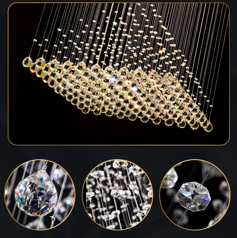 Lampadario Quadrato in Cristallo K9 con Sfere Pendenti LED e Effetto Cascata di Gocce