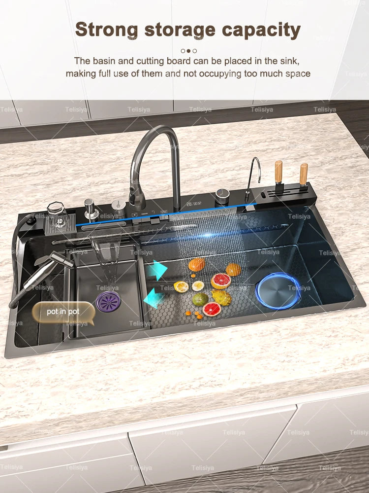 Lavello Cucina Acciaio Inox con Cascata e Display Digitale - Vasca Singola Extra Large Multifunzione