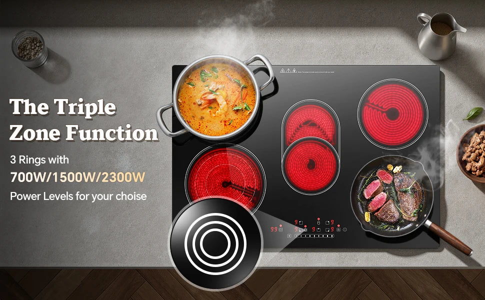 Piano Cottura Elettrico KICHPOWER 77cm 5 Zone in Vetroceramica 8500W con Controllo Touch e Blocco Sicurezza