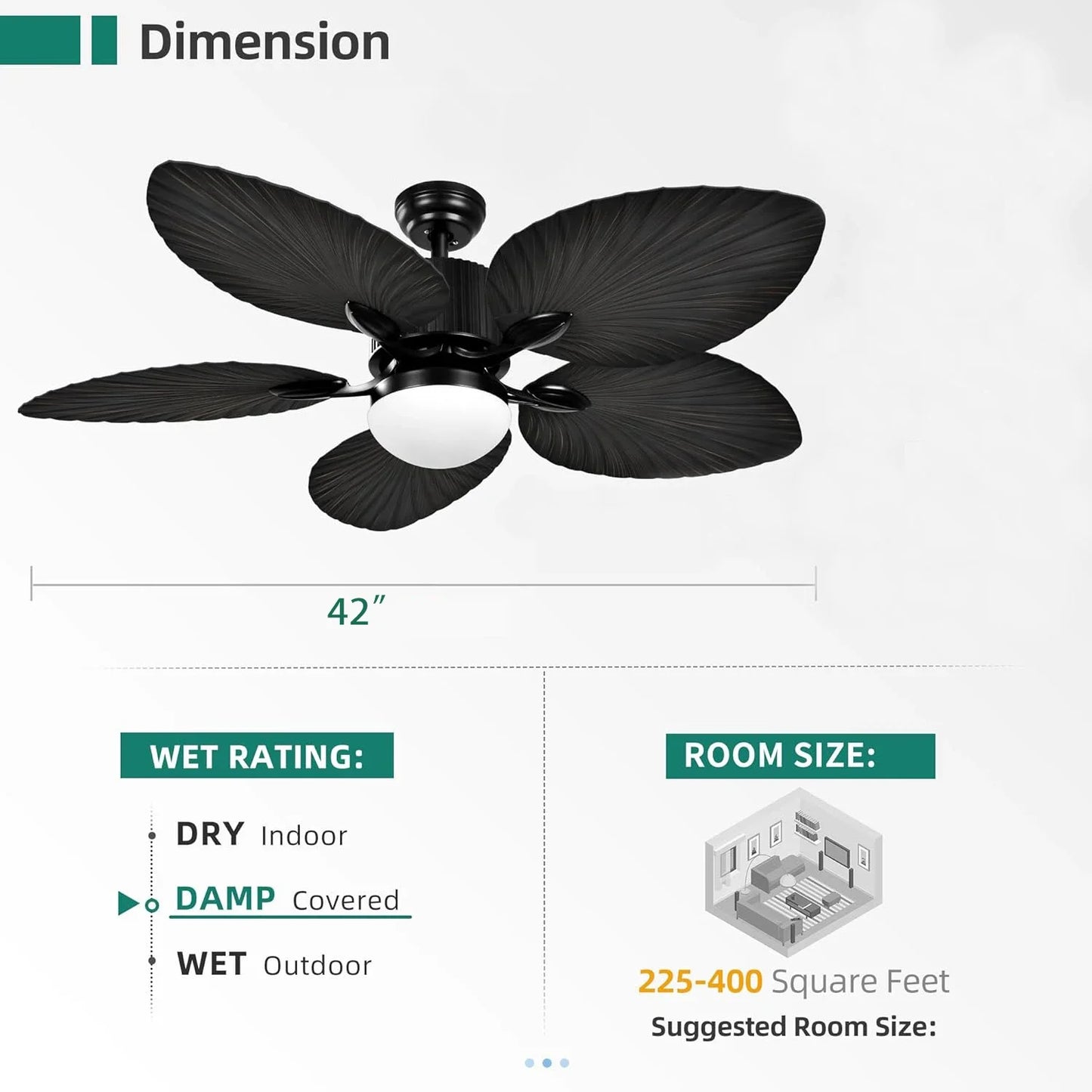 Ventilatore da Soffitto Tropicale per Esterni - 5 Pale a Foglia di Palma, Dimmerabile, Efficiente per Portico e Veranda