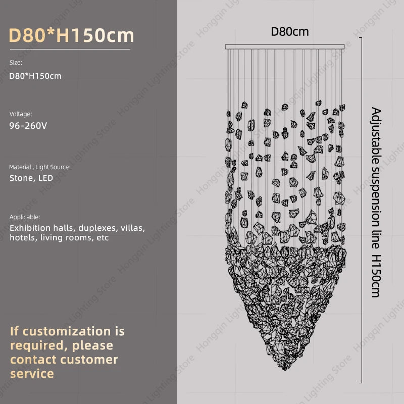 Lampadario Artistico Irregolare con Pietre e Cristalli LED per Hotel, Lobby e Scale - Design Black Art