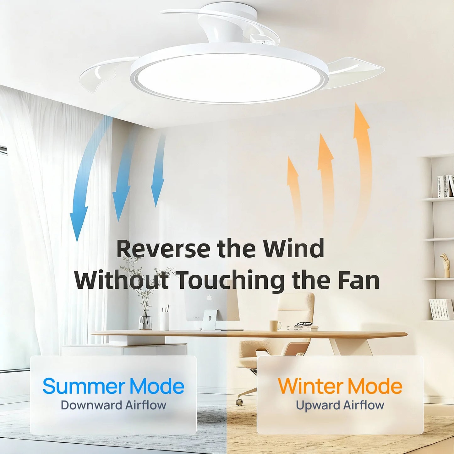 Ventilatore da Soffitto Smart con Pale Retrattili - Luce LED Dimmerabile, Controllo Remoto, Design Moderno per Soggiorno