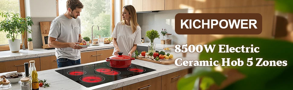 Piano Cottura Elettrico KICHPOWER 77cm 5 Zone in Vetroceramica 8500W con Controllo Touch e Blocco Sicurezza