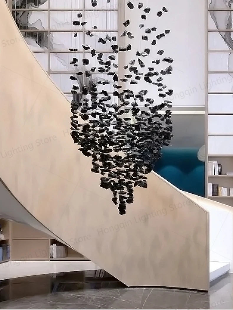 Lampadario Artistico Irregolare con Pietre e Cristalli LED per Hotel, Lobby e Scale - Design Black Art