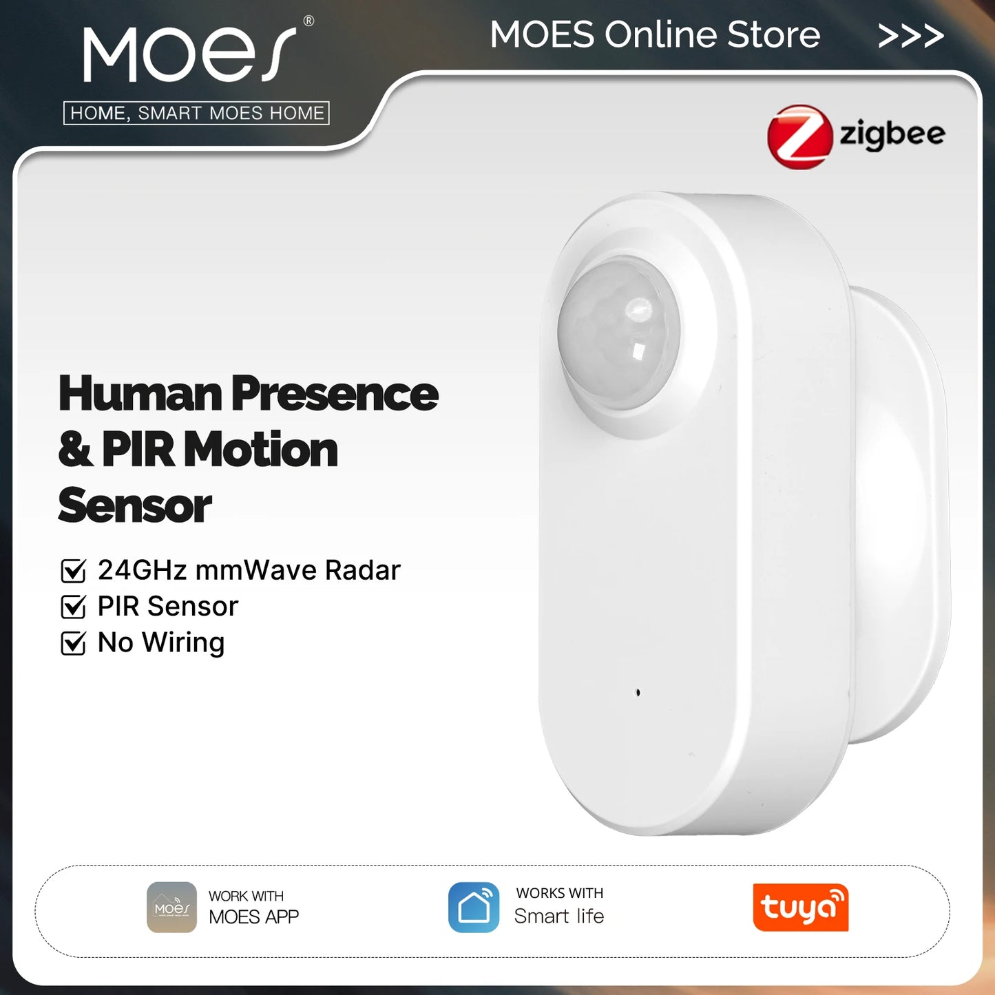 Sensore di Presenza MOES Zigbee 3.0 Radar mmWave 24GHz con PIR - Rilevamento Movimento e Presenza Statica Tuya