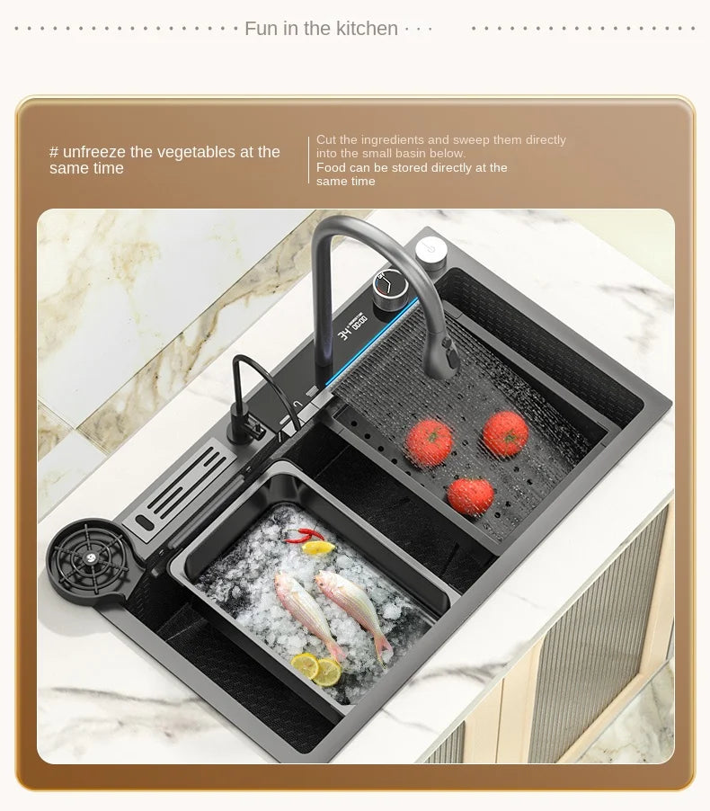 Lavello Cucina Acciaio Inox 304 Nano Black con Rubinetto Digitale a Cascata