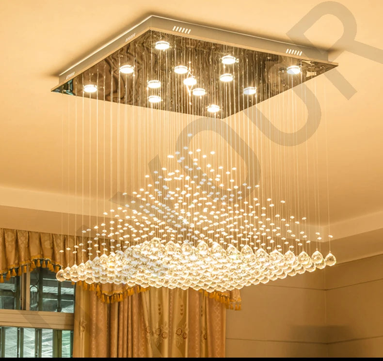 Lampadario Quadrato in Cristallo K9 con Sfere Pendenti LED e Effetto Cascata di Gocce