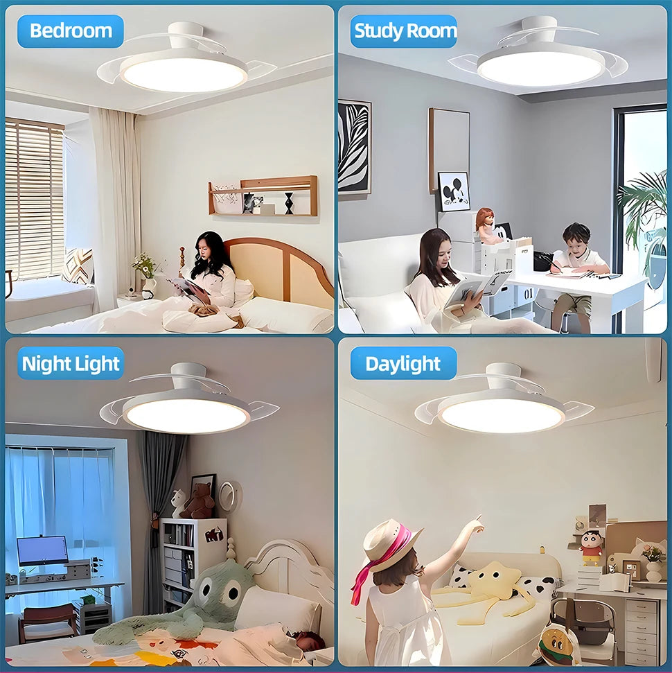 Ventilatore da Soffitto Smart con Pale Retrattili - Luce LED Dimmerabile, Controllo Remoto, Design Moderno per Soggiorno