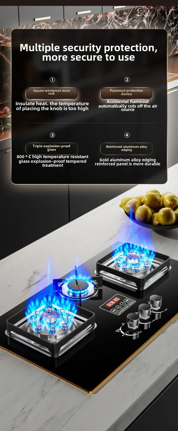 Piano Cottura a Gas 3 Fuochi ad Alta Potenza da Incasso o Appoggio per Cucina - GPL e Metano