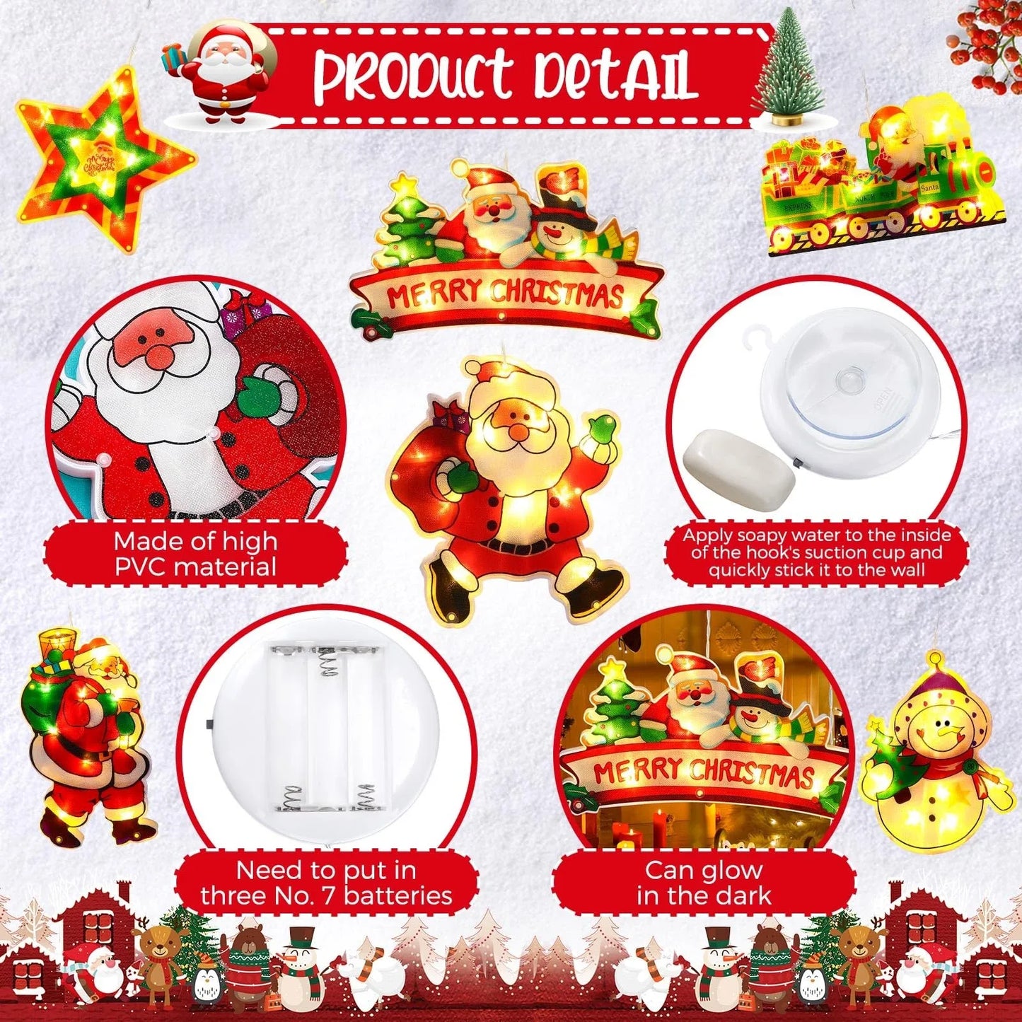 Decorazione Natalizia Luminosa con Ventosa - Pupazzo di Neve e Babbo Natale per Finestre