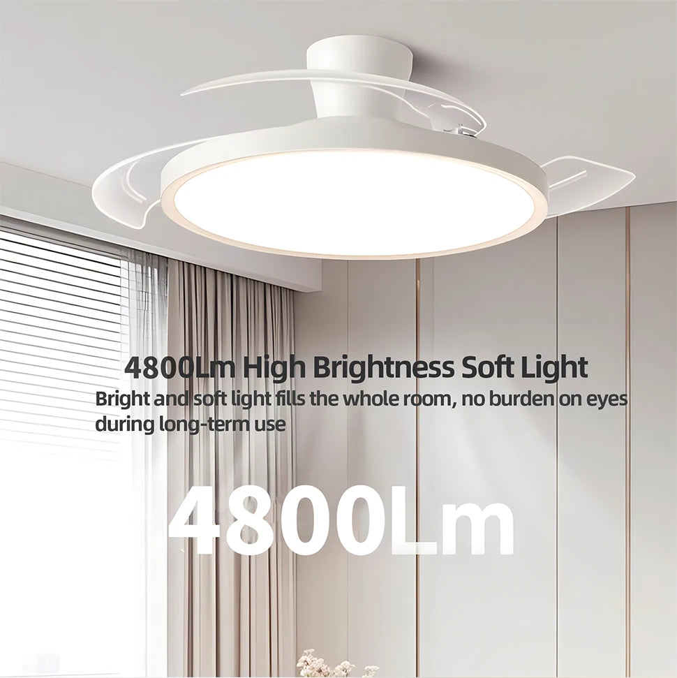 Ventilatore da Soffitto Smart con Pale Retrattili - Luce LED Dimmerabile, Controllo Remoto, Design Moderno per Soggiorno