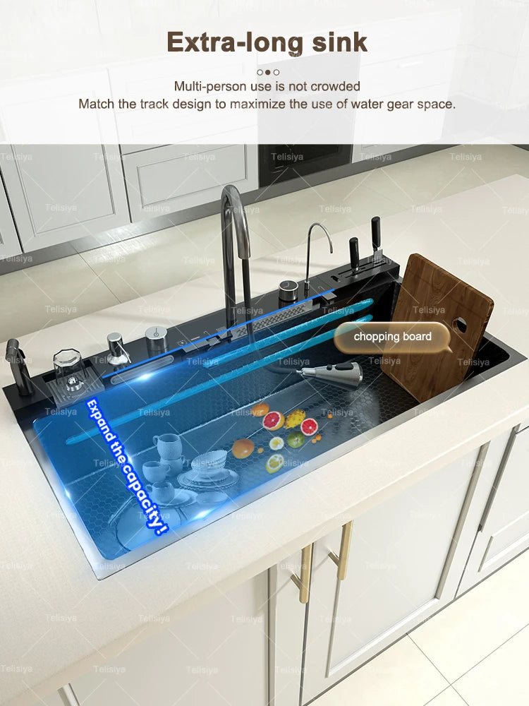 Lavello Cucina Acciaio Inox con Cascata e Display Digitale - Vasca Singola Extra Large Multifunzione