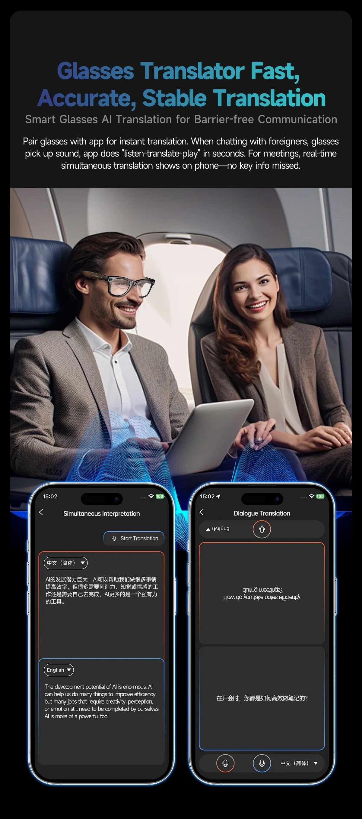 Occhiali Smart AI con Fotocamera 8MP - Traduzione 100+ Lingue, Bluetooth, Registrazione Video