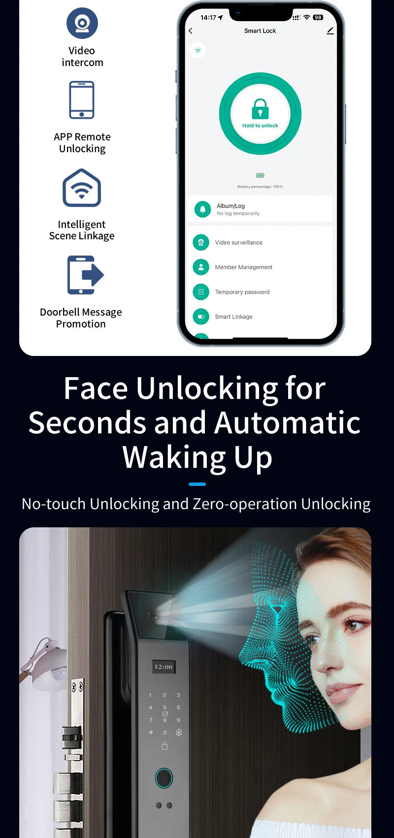 Serratura Smart WiFi con Riconoscimento Facciale 3D e Telecamera Integrata