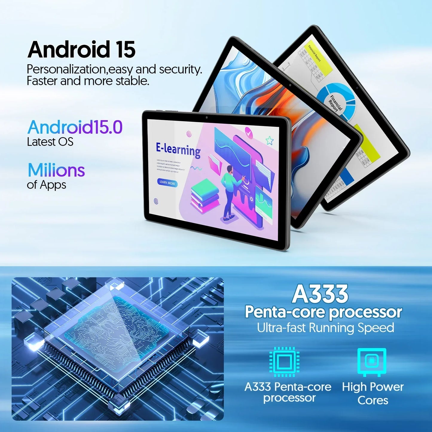 Tablet Android 15 BAKEN 10" - 24GB RAM 128GB ROM, Processore Penta-Core, WiFi 5G, Batteria 8000mAh