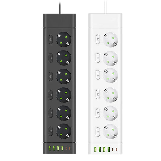 Ciabatta Multipresa con Controllo Indipendente - 5 Prese EU, 4 USB + 2 Type-C, Cavo 2m, Interruttori Separati