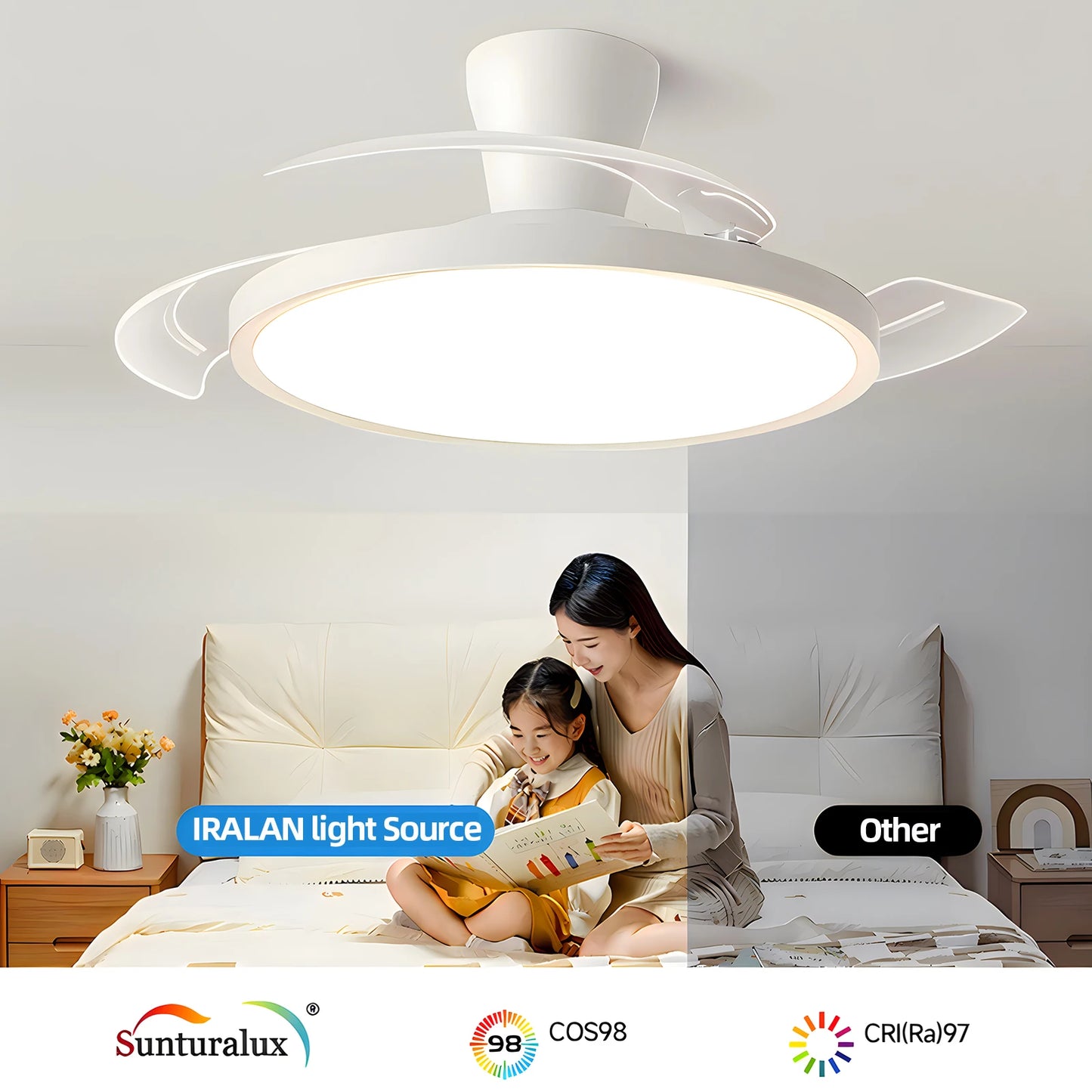 Ventilatore da Soffitto Smart con Pale Retrattili - Luce LED Dimmerabile, Controllo Remoto, Design Moderno per Soggiorno