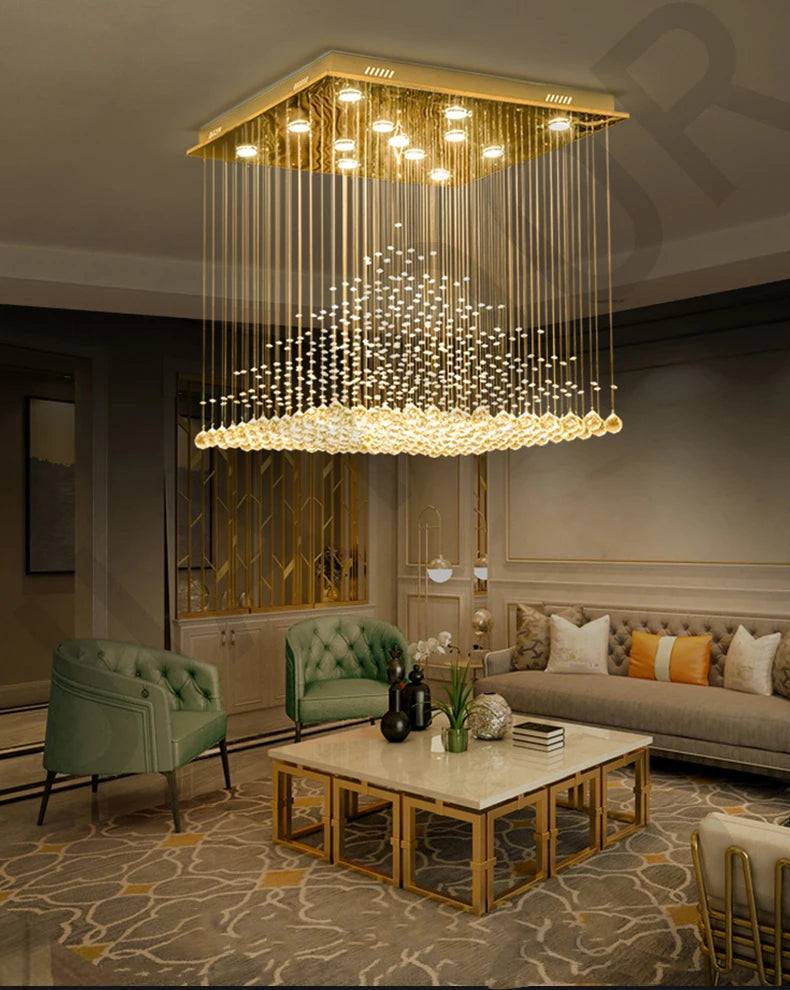 Lampadario Quadrato in Cristallo K9 con Sfere Pendenti LED e Effetto Cascata di Gocce