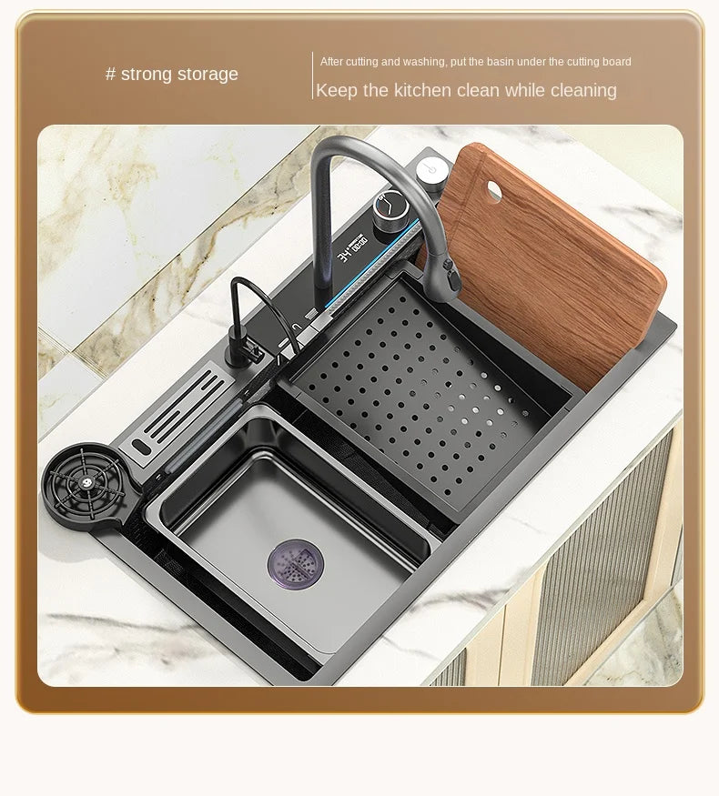 Lavello Cucina Acciaio Inox 304 Nano Black con Rubinetto Digitale a Cascata