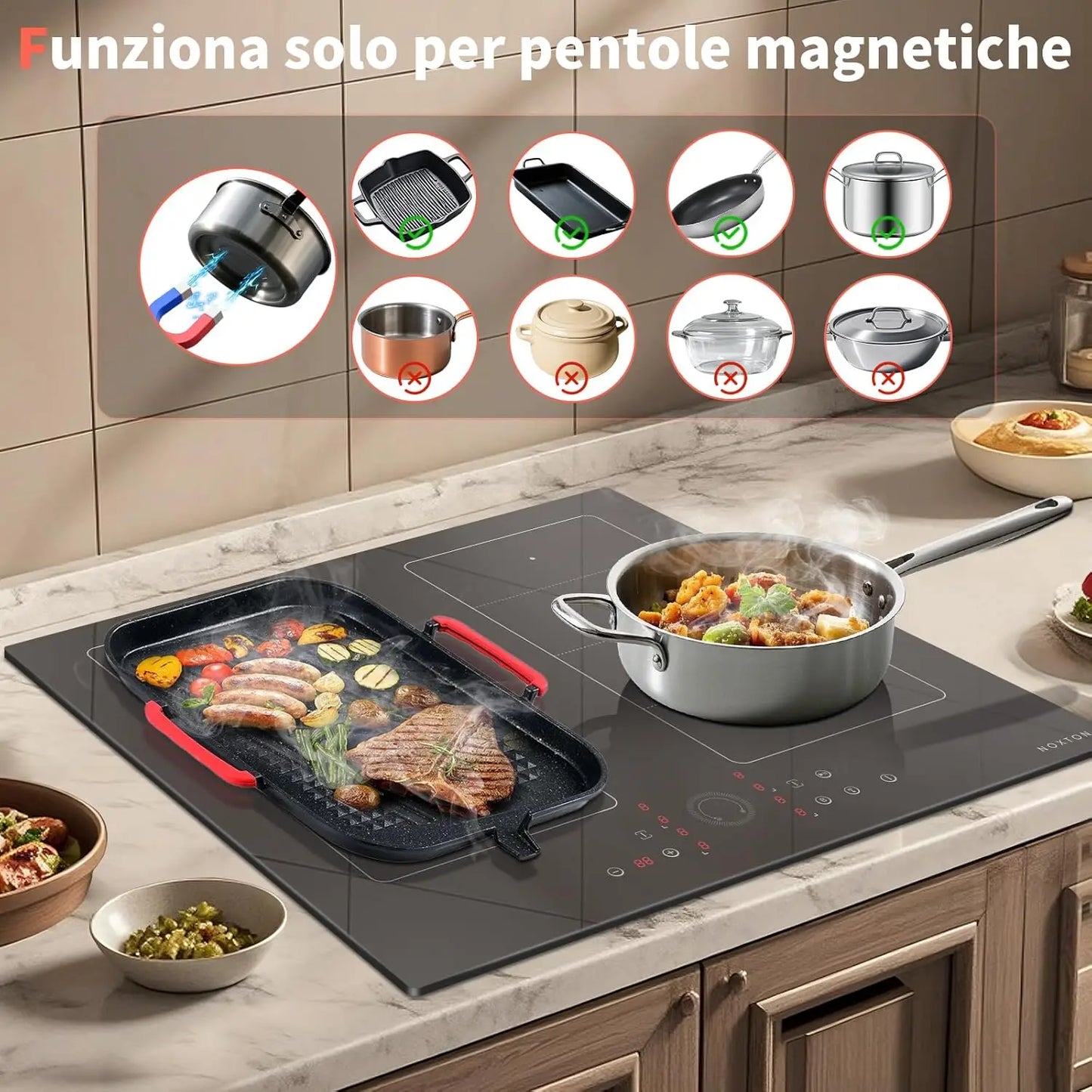 Piano Cottura a Induzione NOXTON 60cm 4 Zone con Booster e Timer