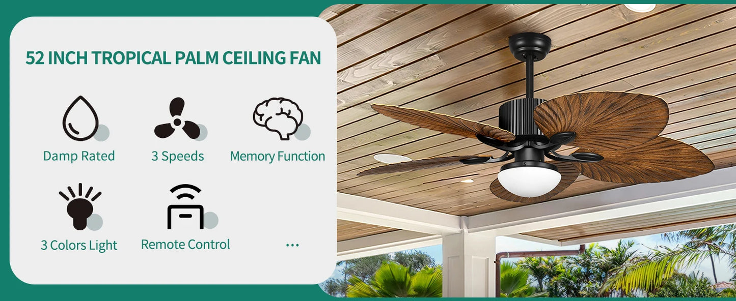 Ventilatore da Soffitto Tropicale per Esterni - 5 Pale a Foglia di Palma, Dimmerabile, Efficiente per Portico e Veranda