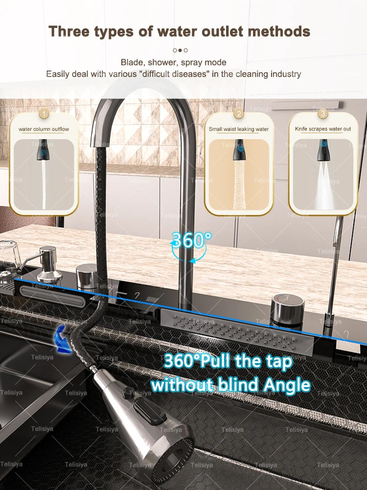 Lavello Cucina Acciaio Inox con Cascata e Display Digitale - Vasca Singola Extra Large Multifunzione