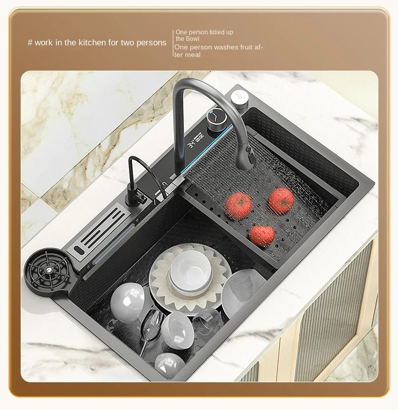 Lavello Cucina Acciaio Inox 304 Nano Black con Rubinetto Digitale a Cascata