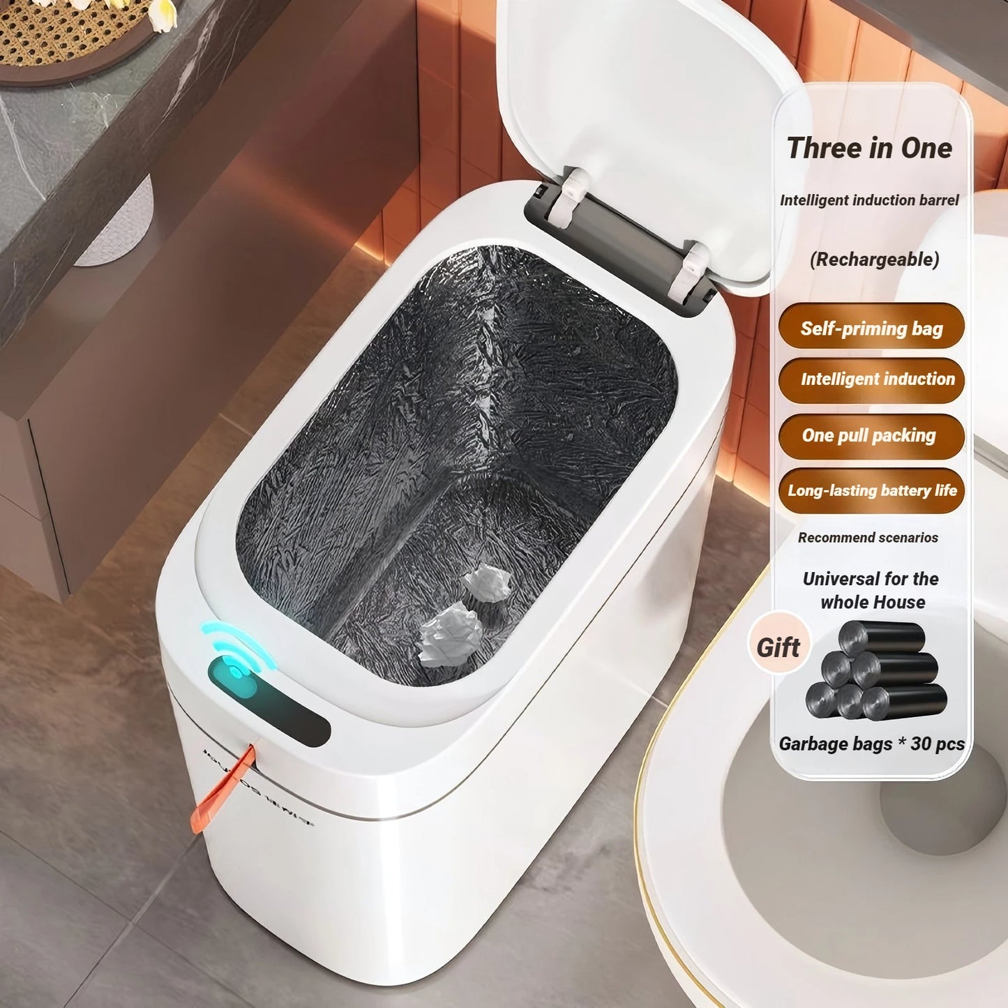 Pattumiera Intelligente con Sensore Automatico - Cestino Bagno Impermeabile con Dispenser Sacchetti