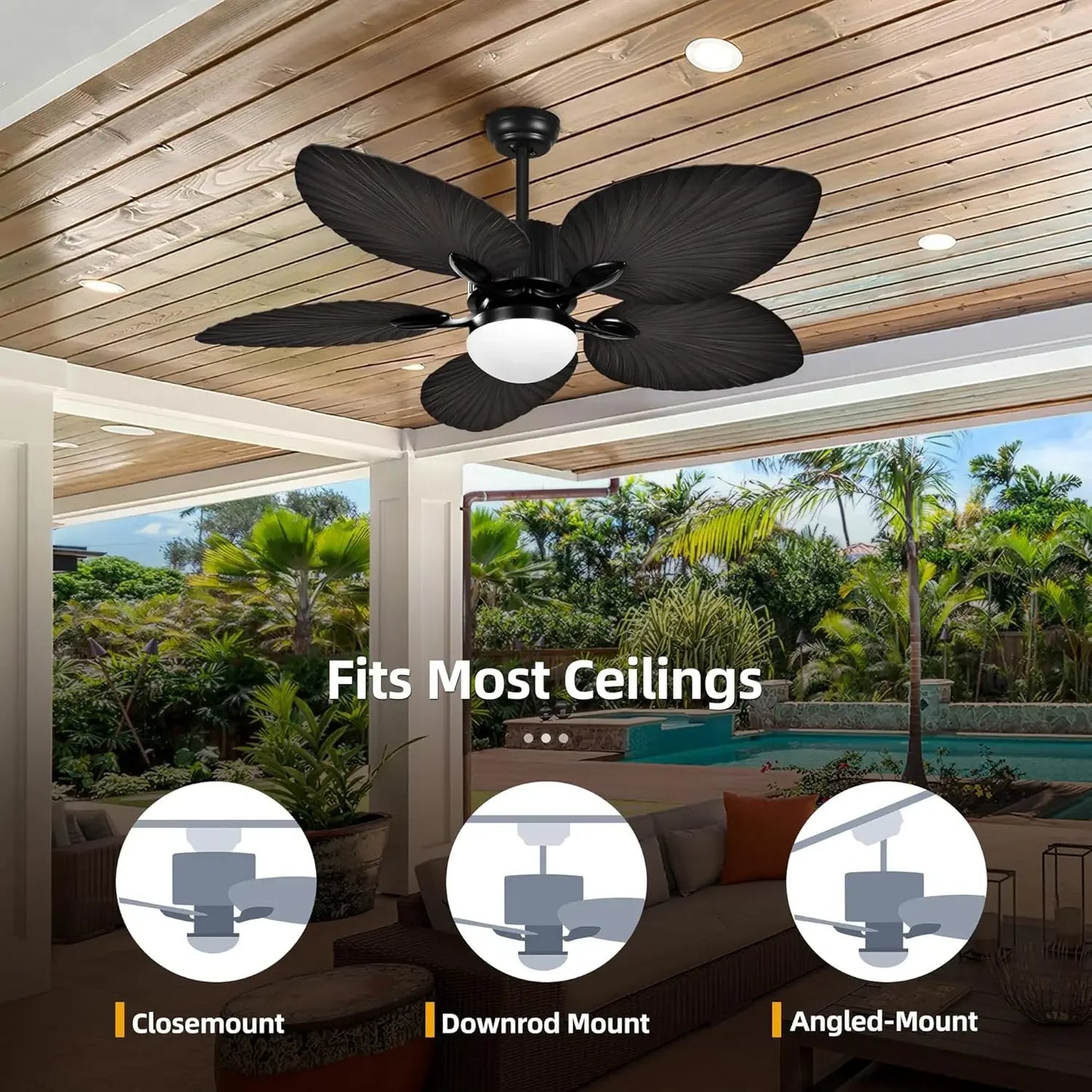 Ventilatore da Soffitto Tropicale per Esterni - 5 Pale a Foglia di Palma, Dimmerabile, Efficiente per Portico e Veranda