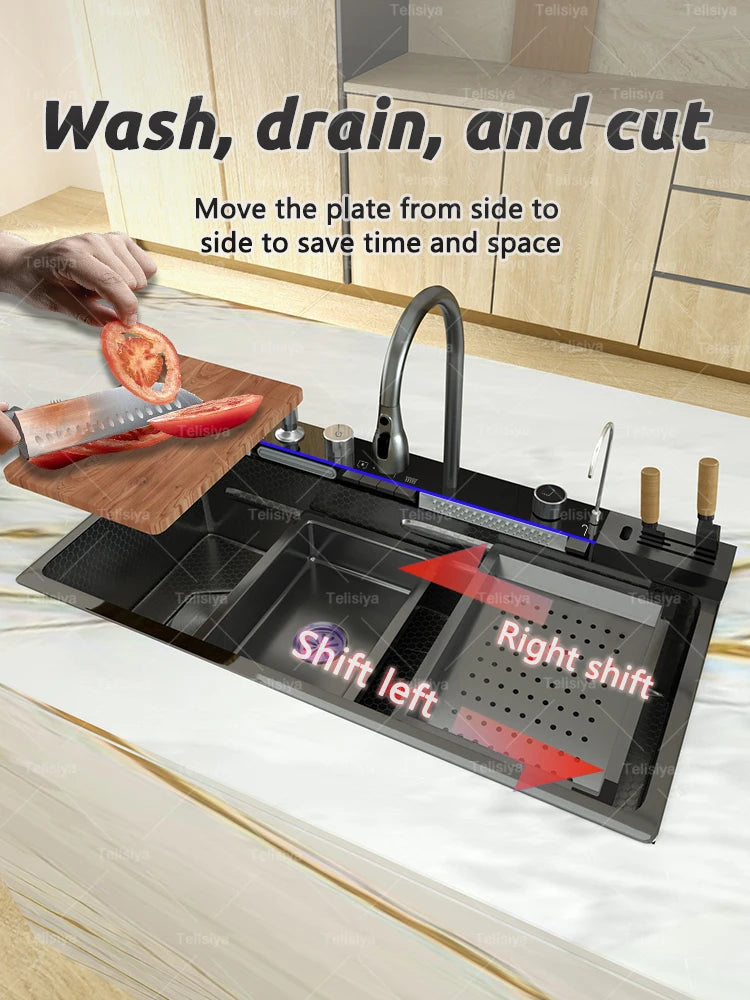 Lavello Cucina Acciaio Inox con Cascata e Display Digitale - Vasca Singola Extra Large Multifunzione