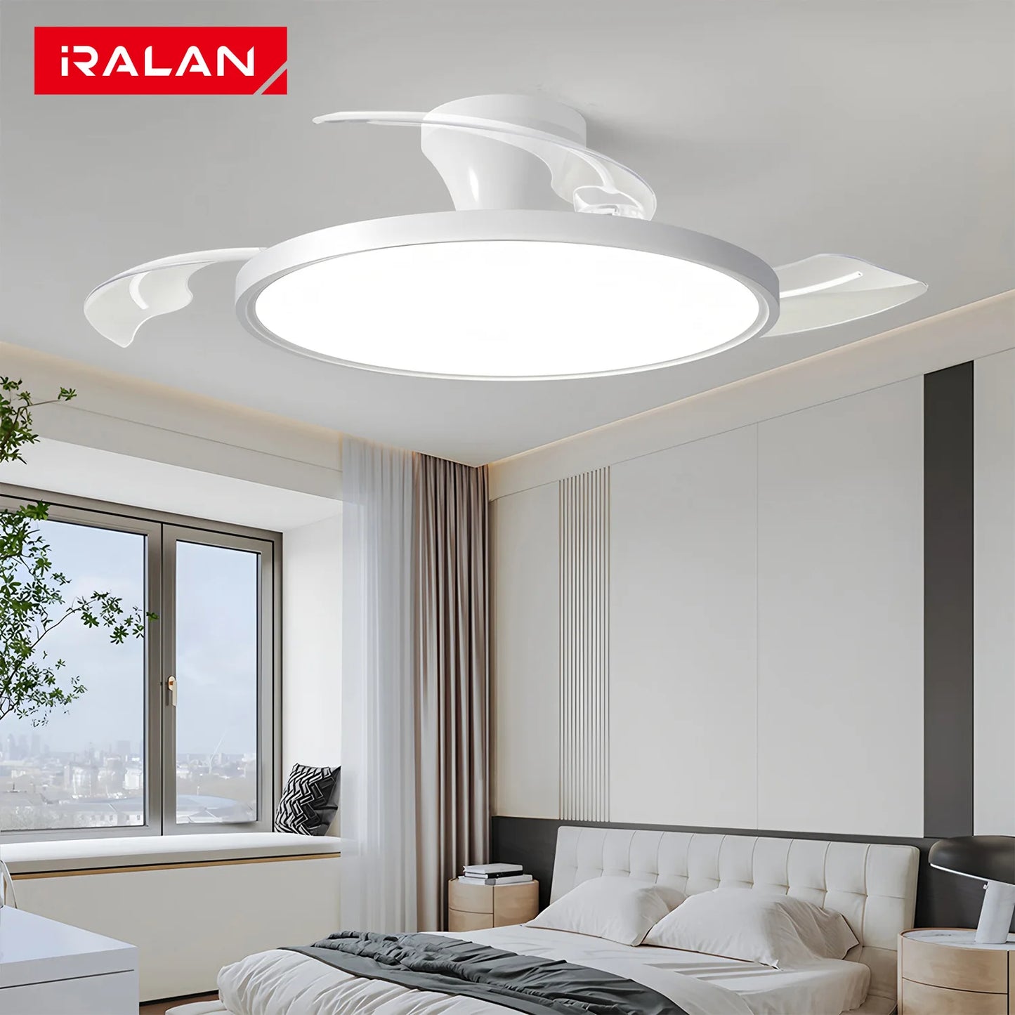 Ventilatore da Soffitto Smart con Pale Retrattili - Luce LED Dimmerabile, Controllo Remoto, Design Moderno per Soggiorno
