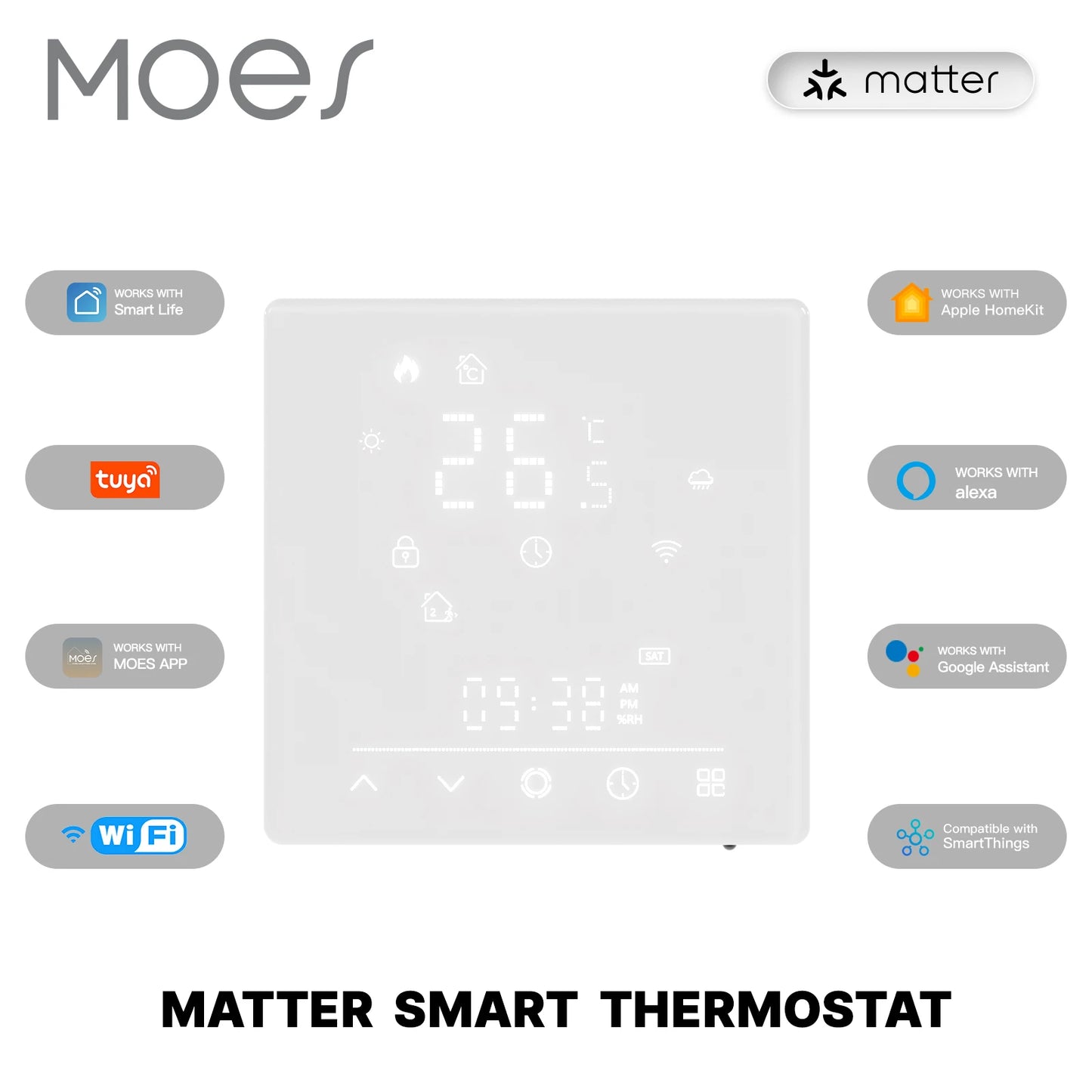 MOES Termostato Smart Wi-Fi Matter – Compatibile Alexa, Google, Apple  Controllo Temperatura per Caldaia Acqua e Riscaldamento Elettrico