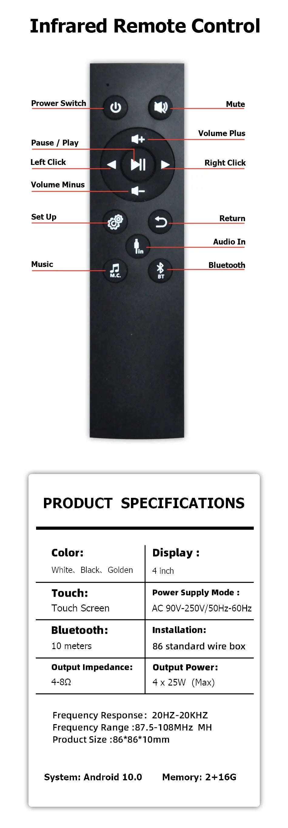 Amplificatore Home Theater WiFi Bluetooth Android 10.0 - Touch Screen 4", Controllo Vocale, 4 Canali