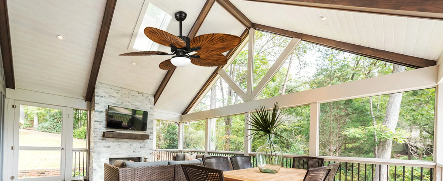 Ventilatore da Soffitto Tropicale per Esterni - 5 Pale a Foglia di Palma, Dimmerabile, Efficiente per Portico e Veranda
