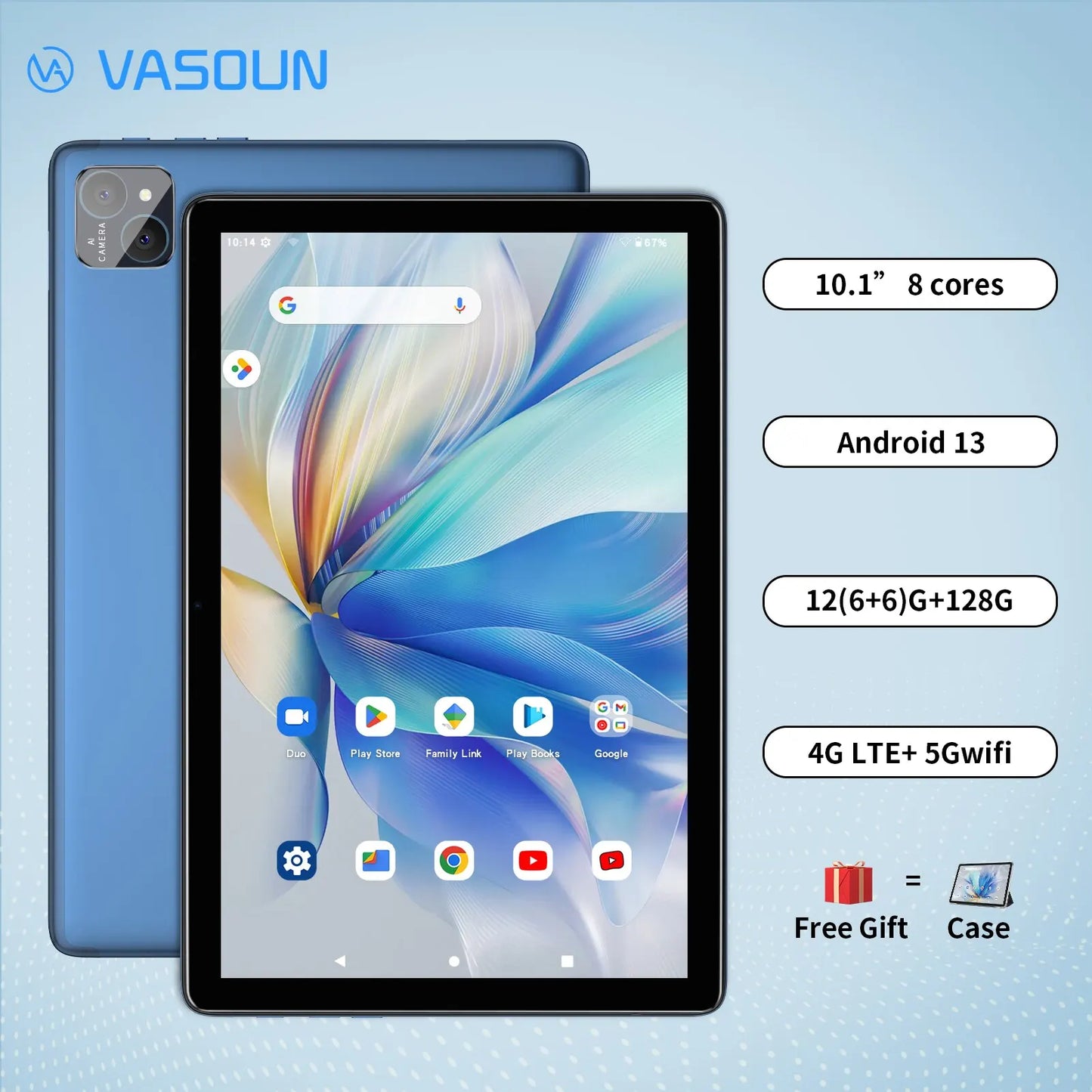 Tablet Android 14 VASOUN 10.1" - 12GB RAM 128GB ROM Dual SIM 4G WiFi 5G Octa Core